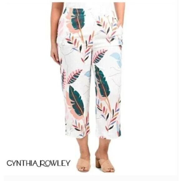 Cynthia Rowley Linen Pants Womens L Cream Tropical Print Wide Leg Crop Pull On - Picture 1 of 15